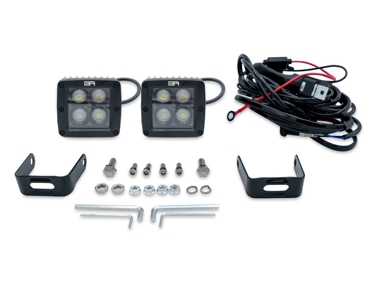 BLACKOUT LED CUBE FLOOD LIGHT with mounting kit, wiring harness, and accessories.