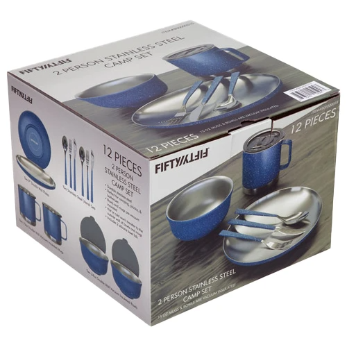 2 Person Cookware Set in packaging showcasing plates, bowls, mugs, and utensils.