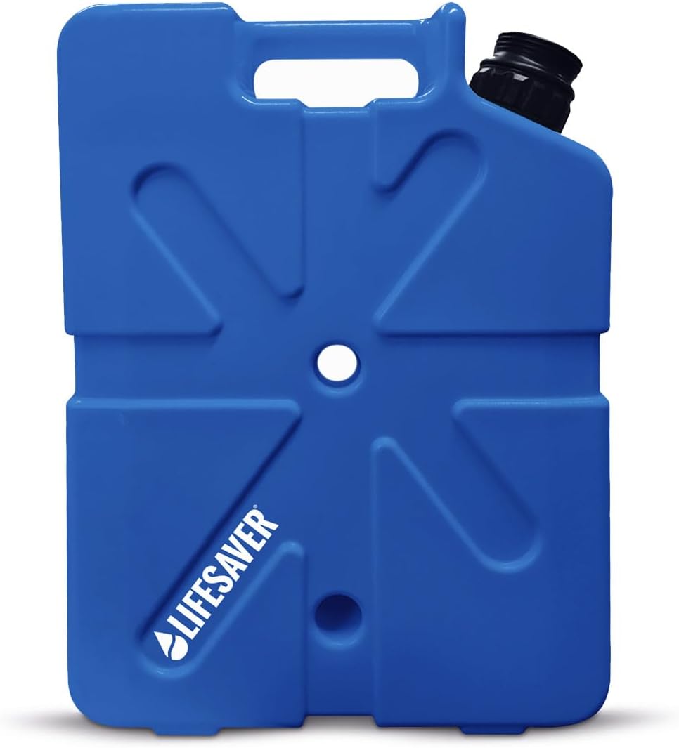 Military-grade Lifesaver Jerrycan Water Purifier for survival, blue container with handle and spout, exceeds NSF P248 standards.