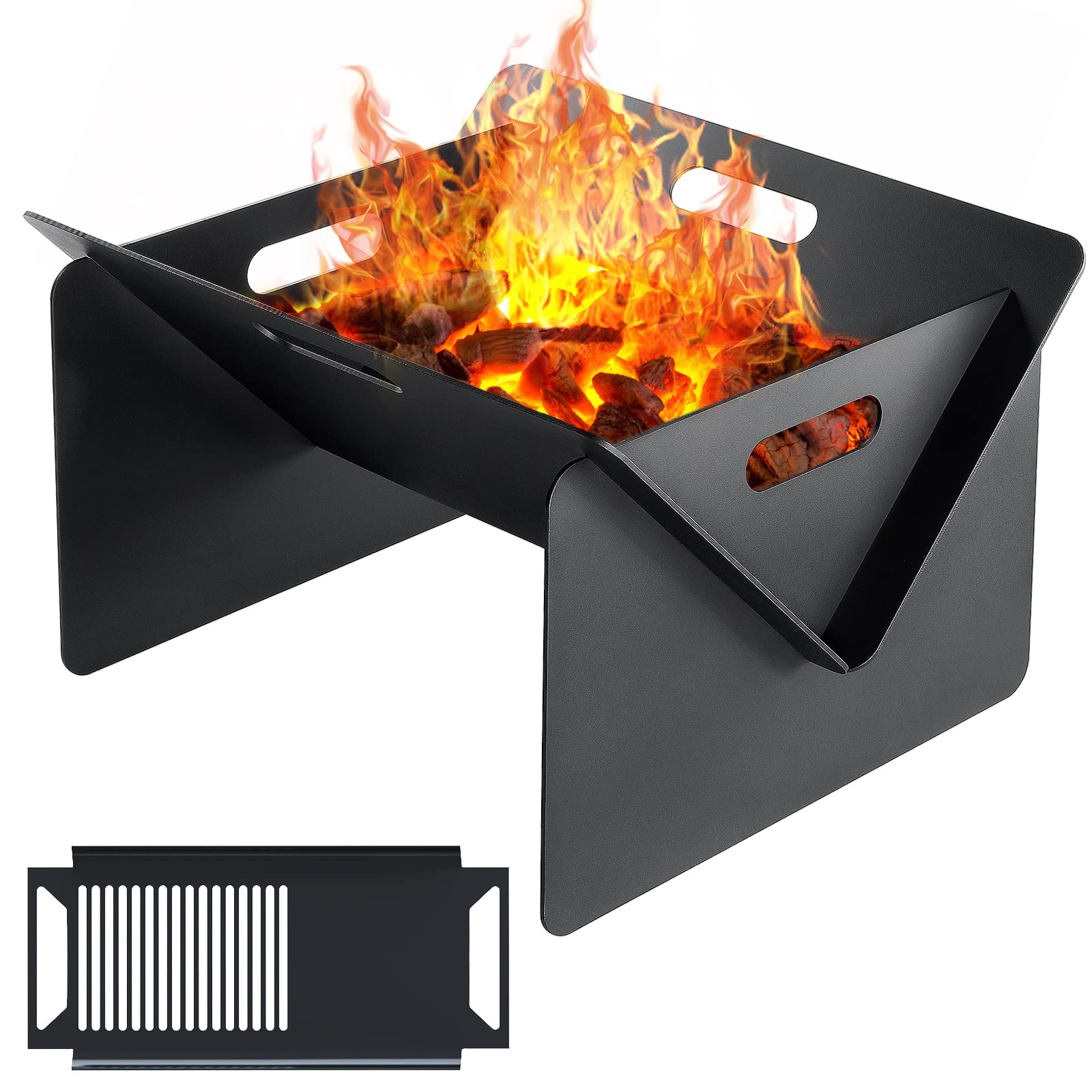 18" Portable Fire Pit with BBQ Grill - Steel, outdoor camping, black, alloy steel.