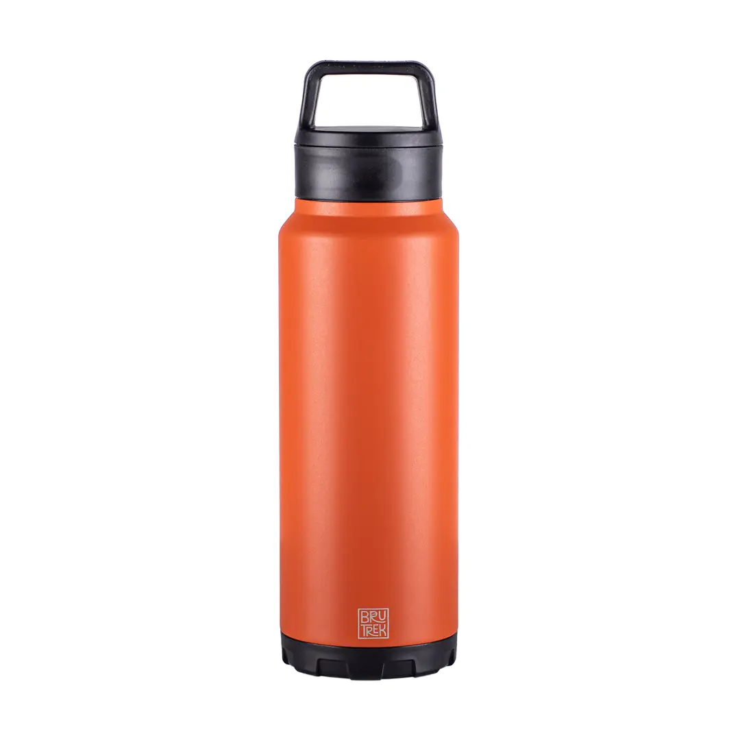 Stainless steel water bottle with dual lid design for temperature retention.