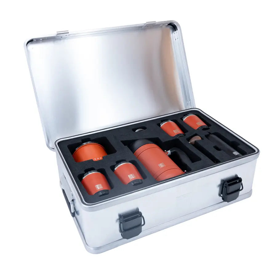 Expedition Coffee Brewing Bundle with durable Basecamp Camping French Press in a rugged case.