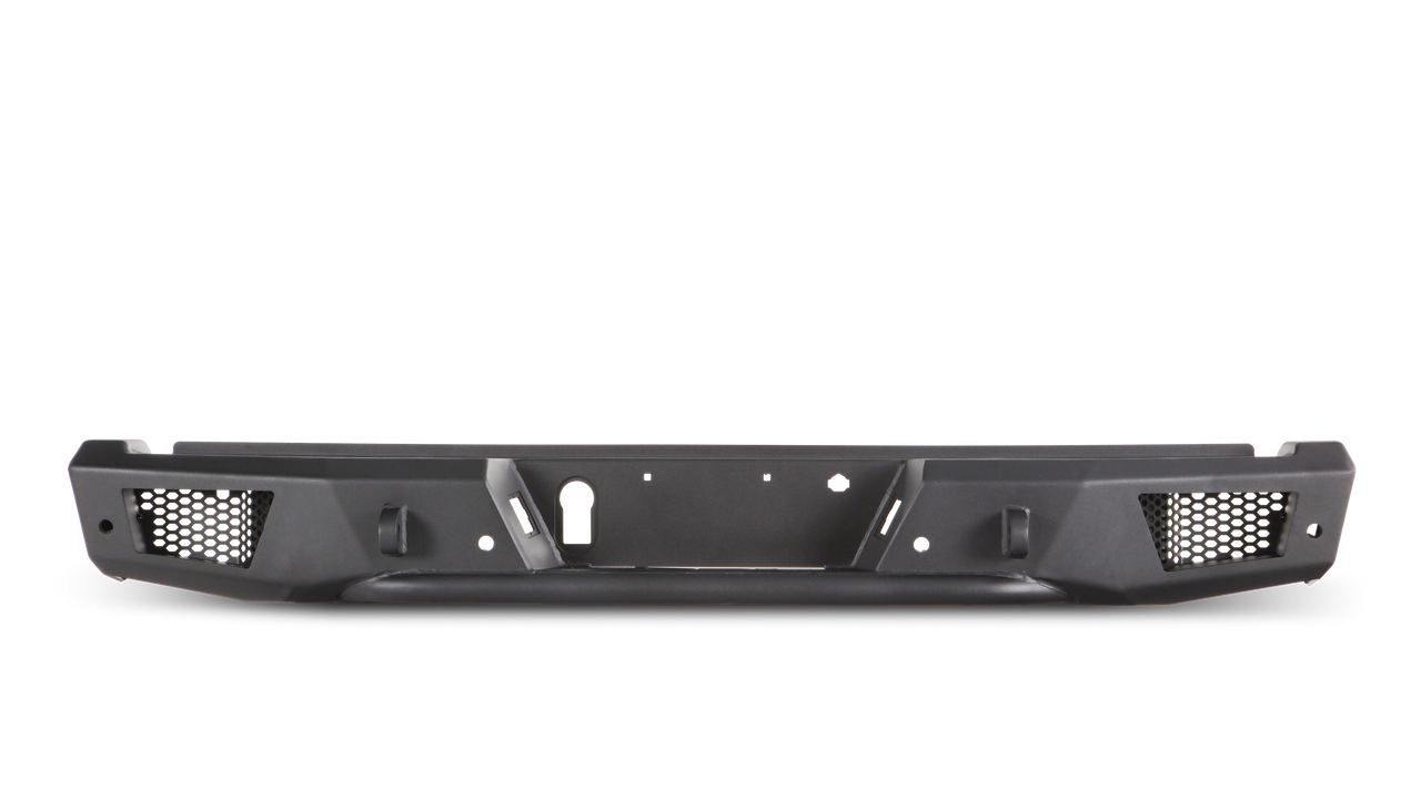 Heavy-duty Ambush Rear Bumper for F-150, 3/16" and 1/4" cold-rolled steel, bolt-on installation, OE sensor compatible, black finish, D-ring mounts, LED light fitment.