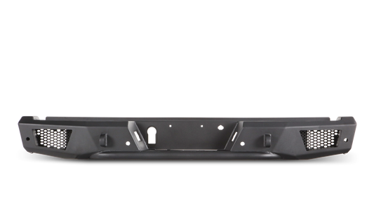 Heavy-duty Ambush Rear Bumper for F-150, 3/16" and 1/4" cold-rolled steel, bolt-on installation, OE sensor compatible, black finish, D-ring mounts, LED light fitment.