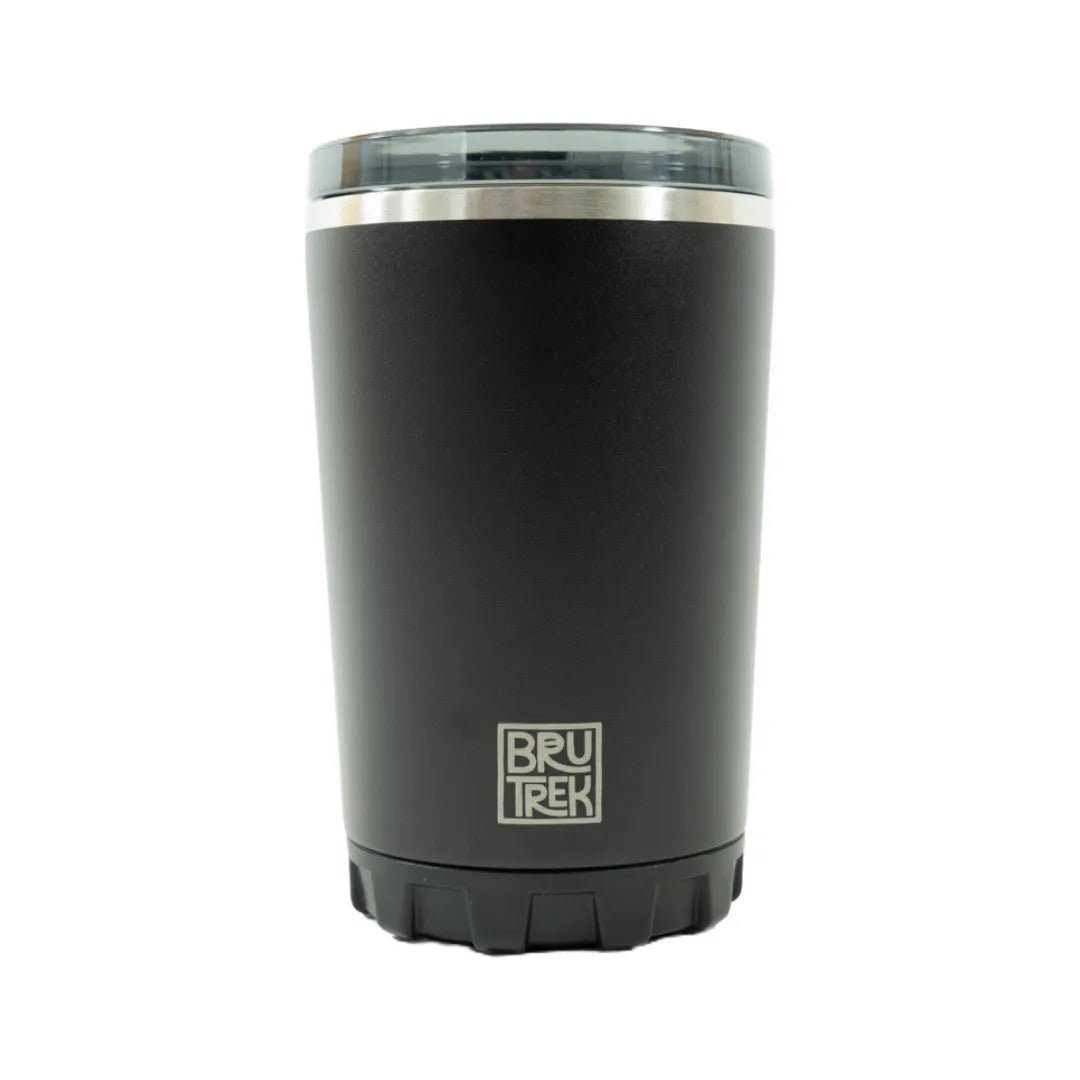 BruTrek Camp Cup in stainless steel with lid and rubber-padded bottom.