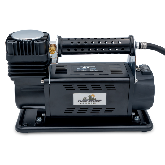 TUFF STUFF® OVERLAND TUFF AIR 160L Universal Compressor with hose and storage bag, compact and portable design for outdoor inflation needs.