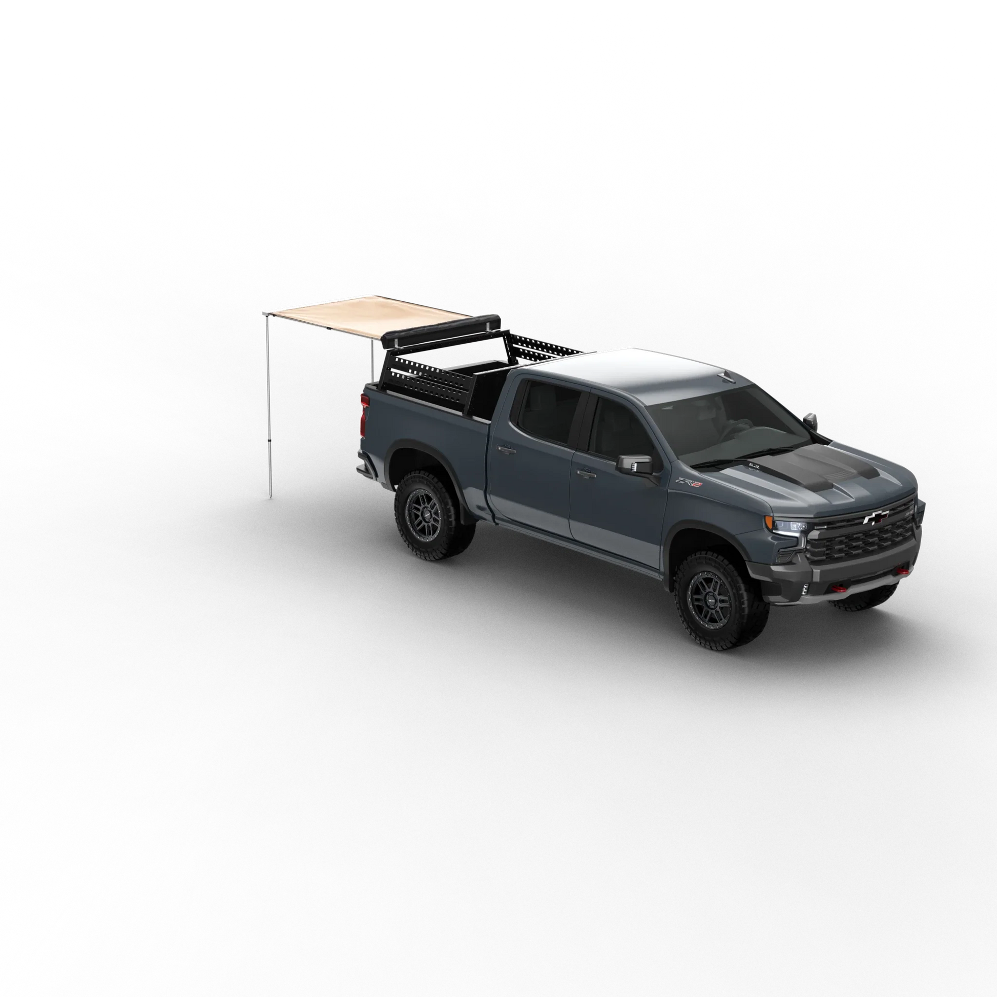 TUFF STUFF® Overland Roof Top Awning 4.5′ x 6′ attached to a vehicle for outdoor shade.