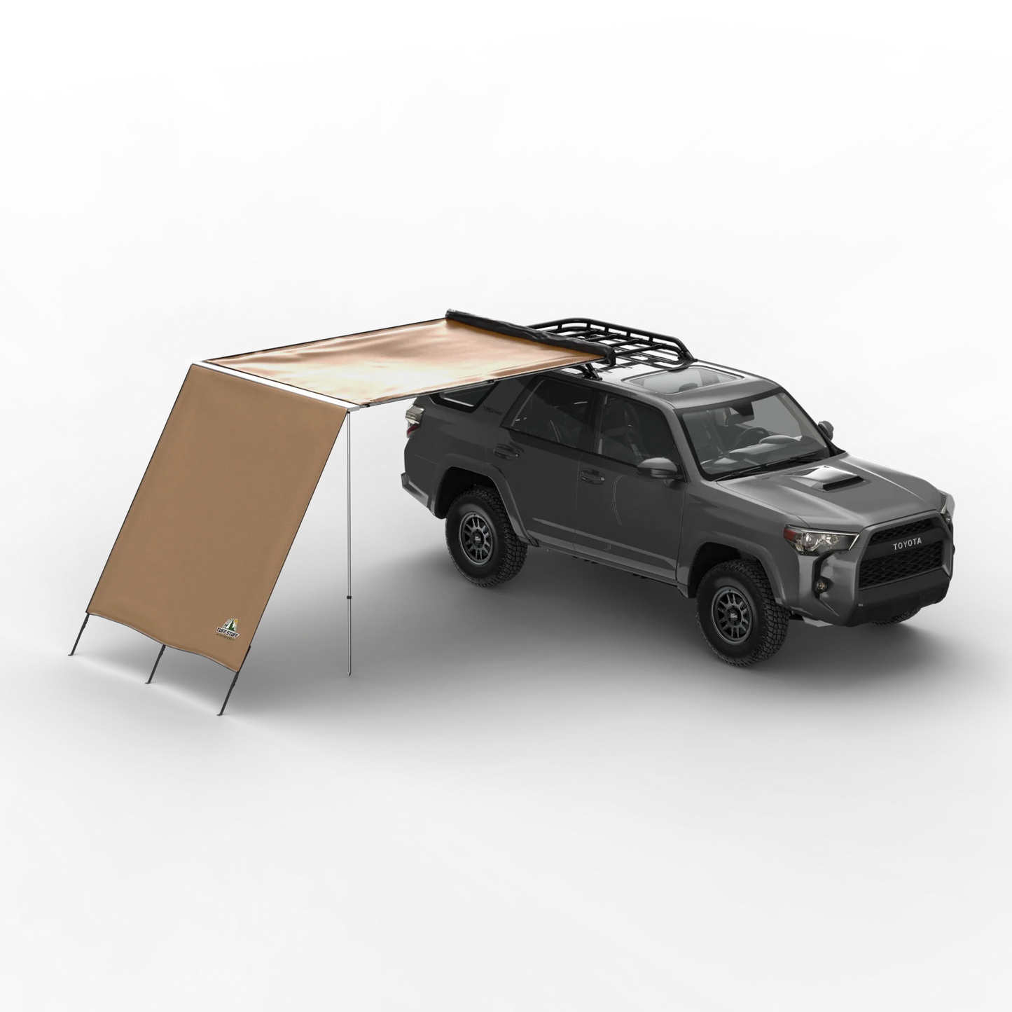 TUFF STUFF® Overland Awning Shade Wall, 6.5' x 8' attached to a vehicle providing extended outdoor shade.