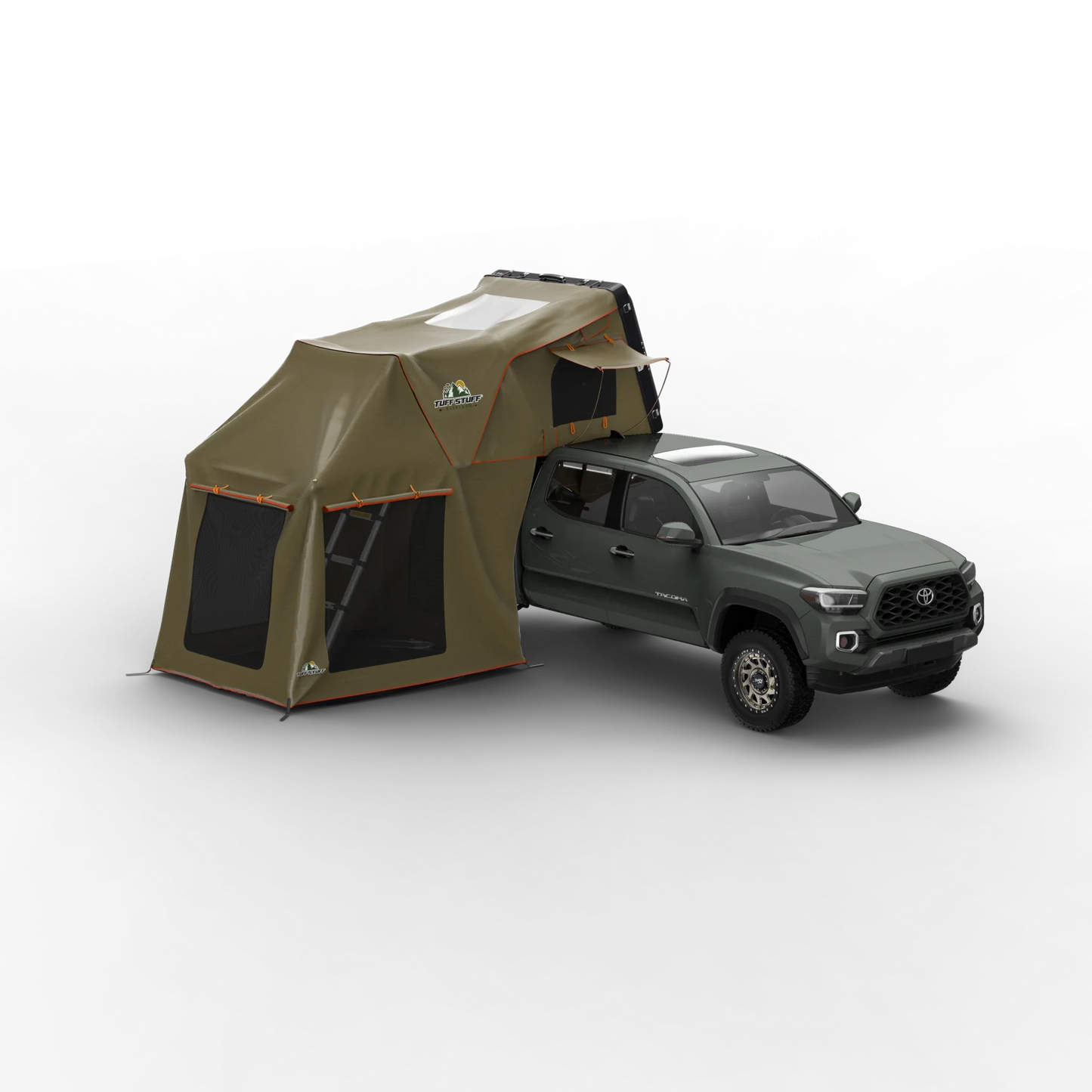 TUFF STUFF® OVERLAND ALPHA™ II clamshell RTT with annex room attached to vehicle.