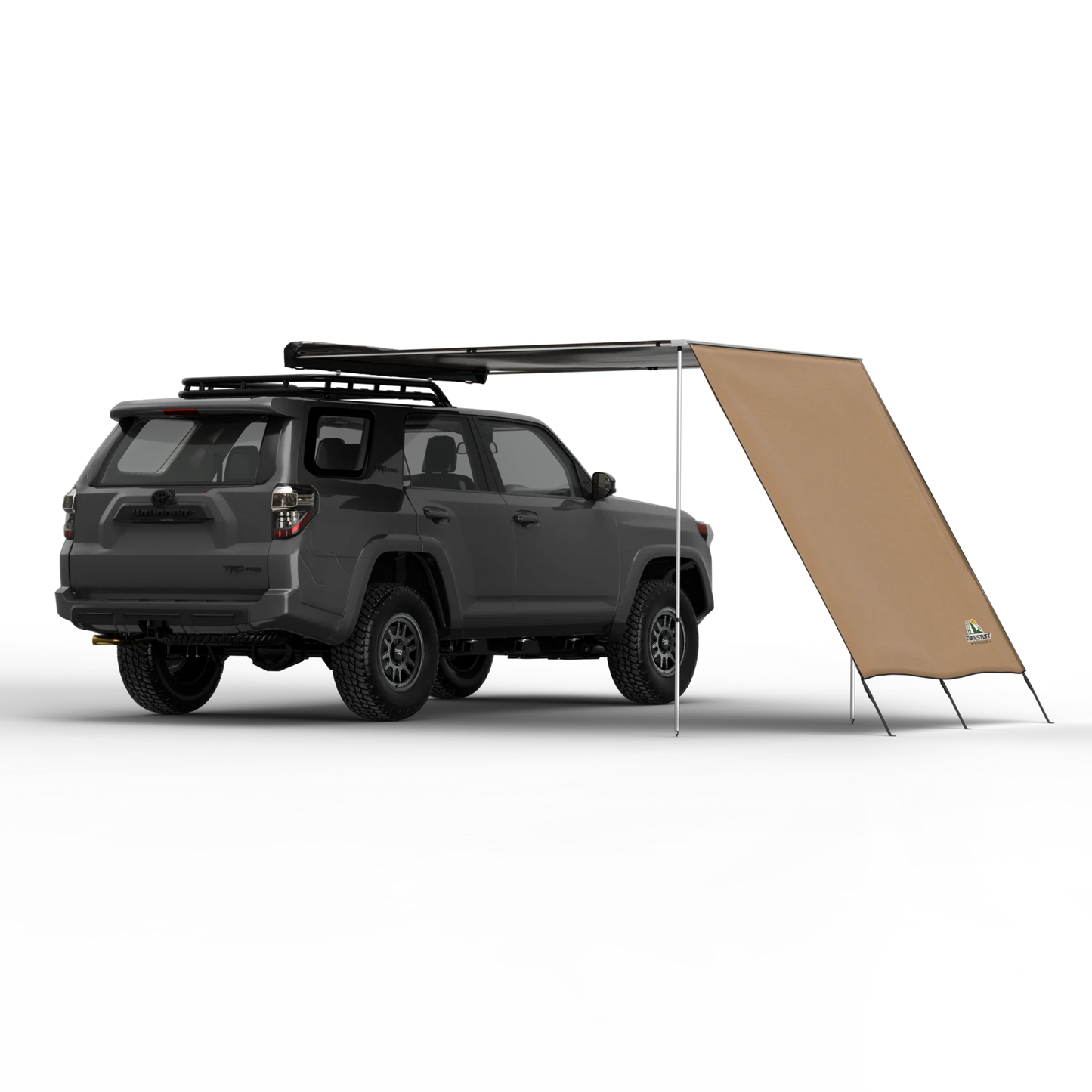 TUFF STUFF® Overland Awning Shade Wall 6.5' x 8' attached to vehicle, providing extended outdoor shade.
