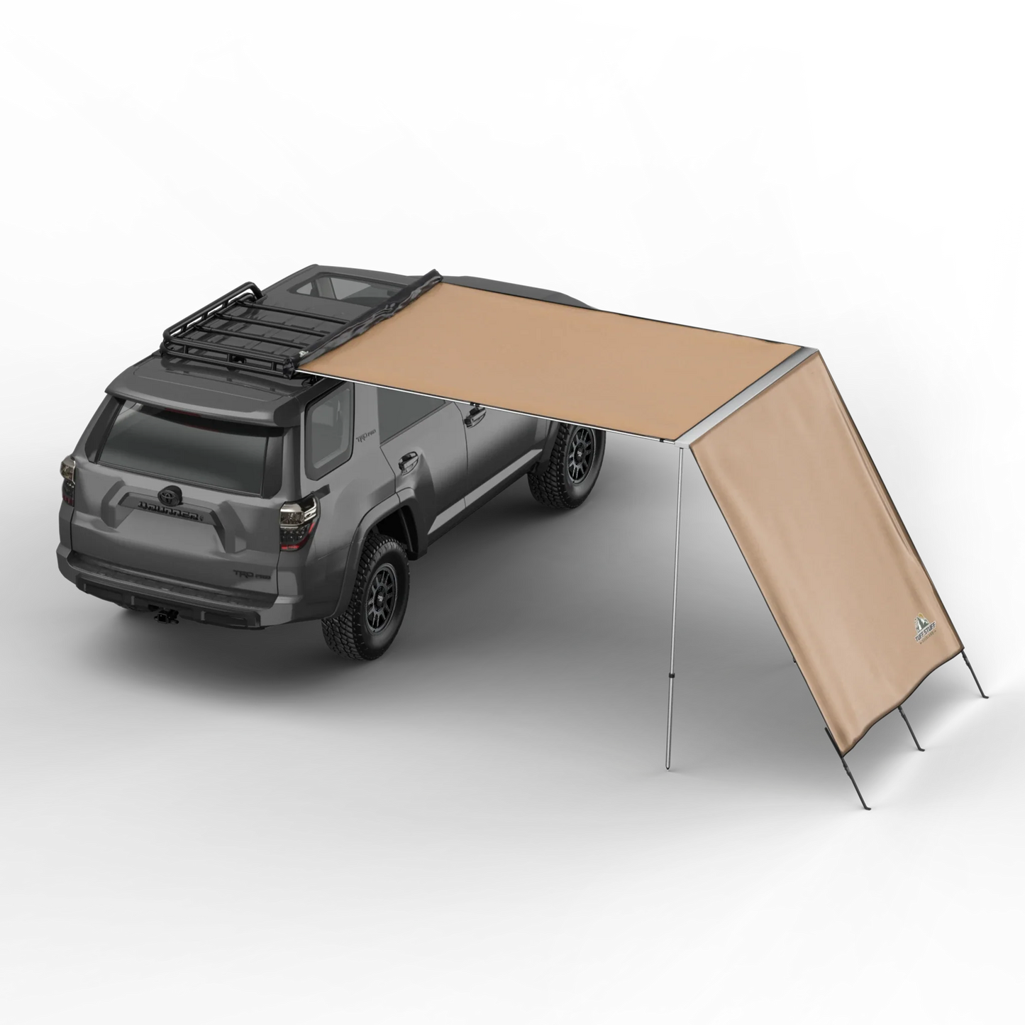 TUFF STUFF Overland Awning Shade Wall 6.5' x 8' attached to vehicle, providing extended outdoor shade.