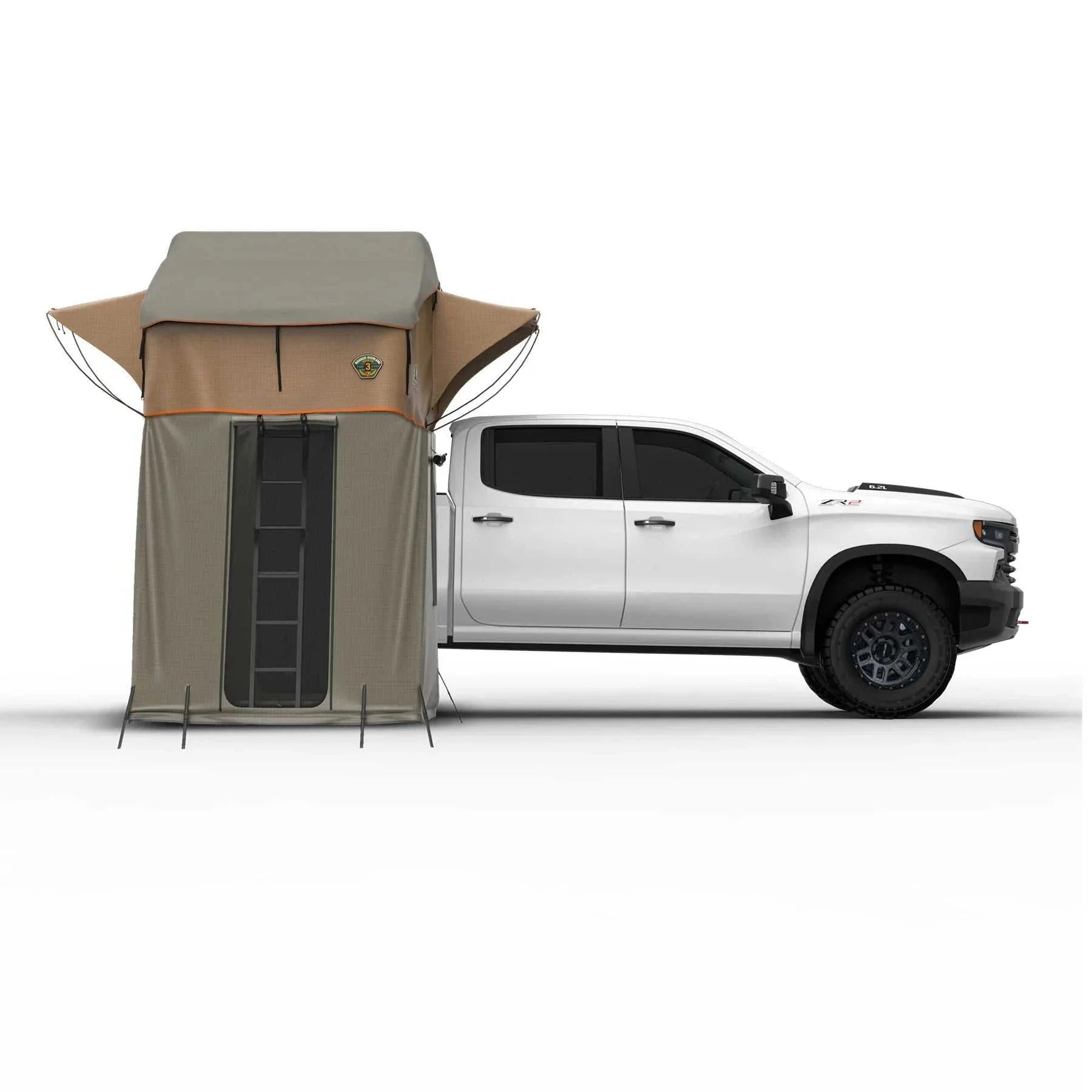 TUFF STUFF® RANGER OVERLAND™ Roof Top Tent Annex Room 65" attached to truck, expanding outdoor space.