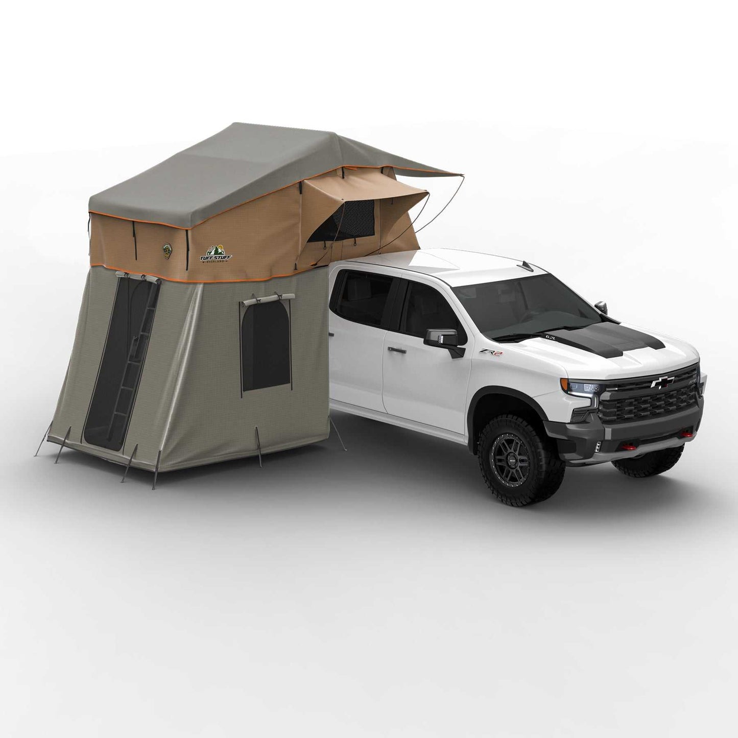 TUFF STUFF® RANGER OVERLAND™ ROOF TOP TENT ANNEX ROOM, 65" attached to vehicle, showcasing outdoor living expansion.