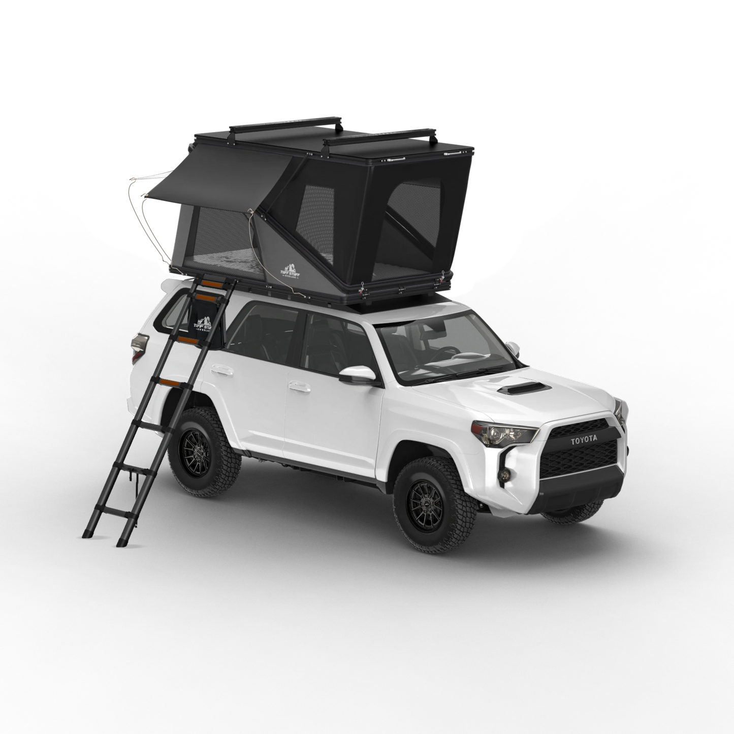 Alpine 51 Hardshell Rooftop Tent in black, aluminum, dual-action, 2-3 person capacity on vehicle roof with ladder.