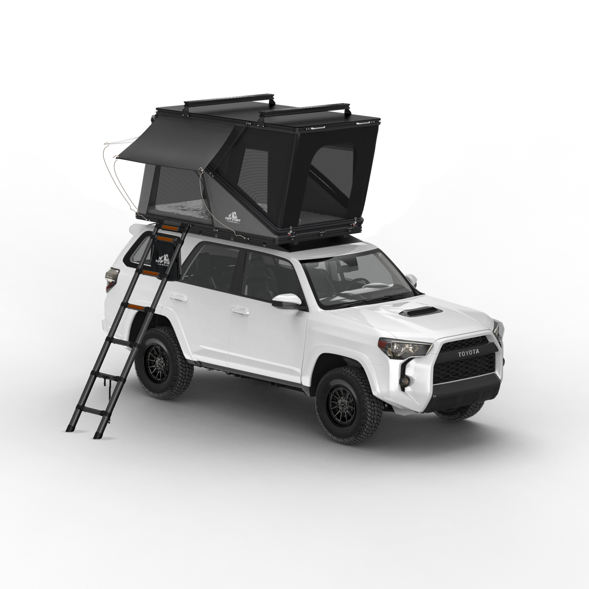 Alpine 51 Hardshell Rooftop Tent in black, aluminum, dual-action, 2-3 person capacity on vehicle roof with ladder.