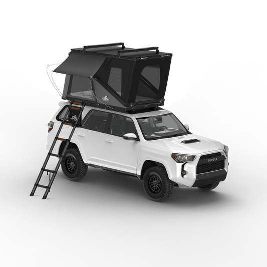 Alpine 51 Hardshell Rooftop Tent in black, aluminum, dual-action, 2-3 person capacity on vehicle roof with ladder.