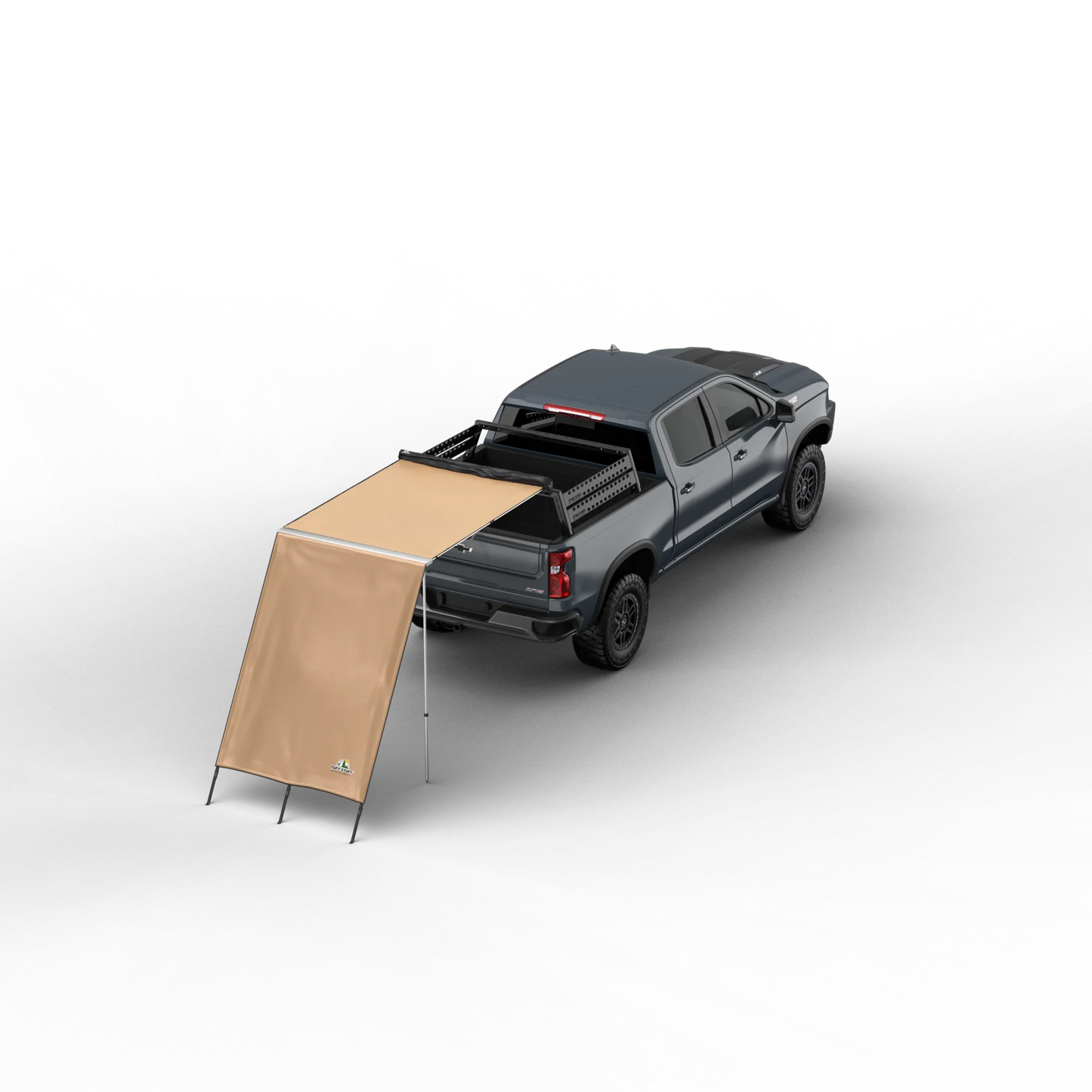 TUFF STUFF® Overland Awning Shade Wall attached to a vehicle, providing extended shade.