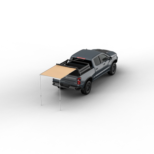 TUFF STUFF® Overland Roof Top Awning, 4.5′ x 6′ mounted on truck bed, providing shade and protection.