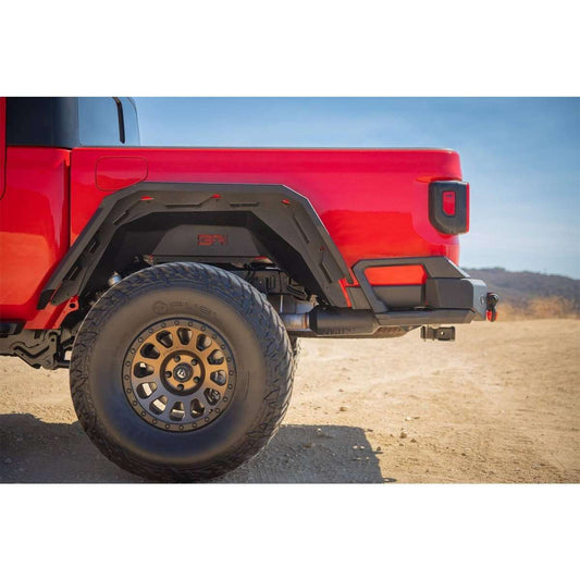 Red 2019-2024 Jeep Gladiator JT with bed protector for bumpers JT-5100 and JL-2965, protecting against scratches and dents.