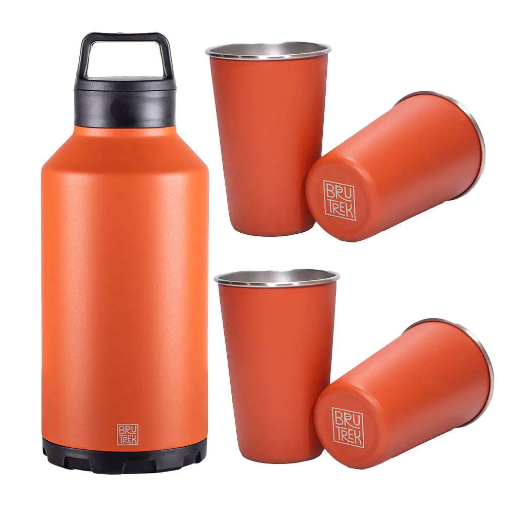 Stainless steel water bottles with dual lid system, double-wall vacuum insulated; includes easy grip handle, pour spout, and multiple use options.
