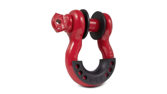Rugged 3/4 red D-ring shackle with isolators for towing, high pull rating.