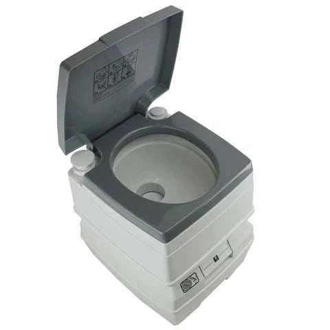 TUFF STUFF® OVERLAND 5-gallon flushable portable outdoor toilet with removable holding tank.