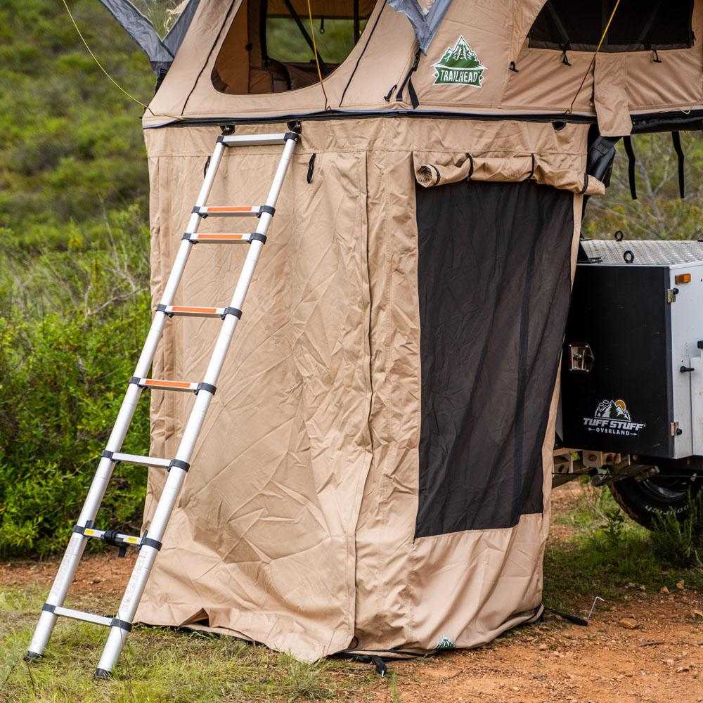 TUFF STUFF® Overland roof top tent annex room with floor, compatible with Delta Overland™ & Trailhead™ tents, set up outdoors.