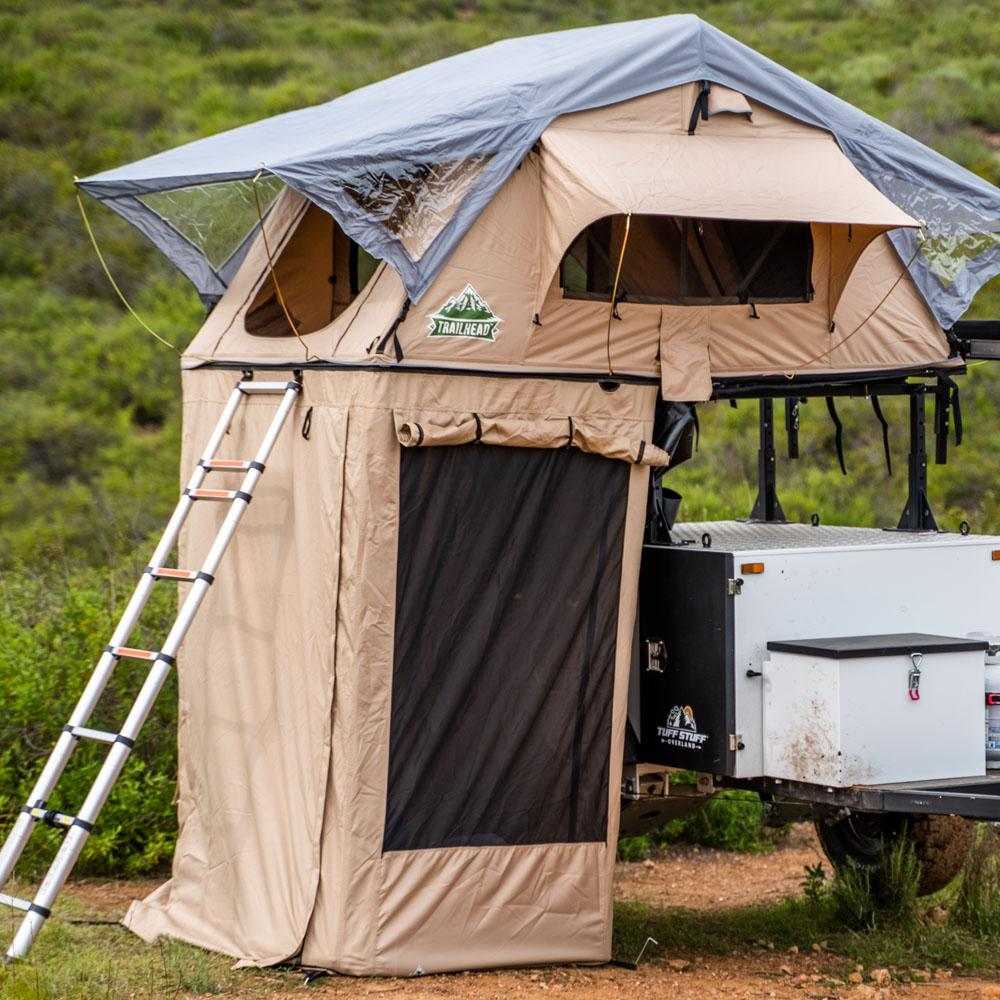 Tuff Stuff® Overland Roof Top Tent Annex Room with floor attached to Delta Overland™ & Trailhead™ tents, providing spacious outdoor living space.