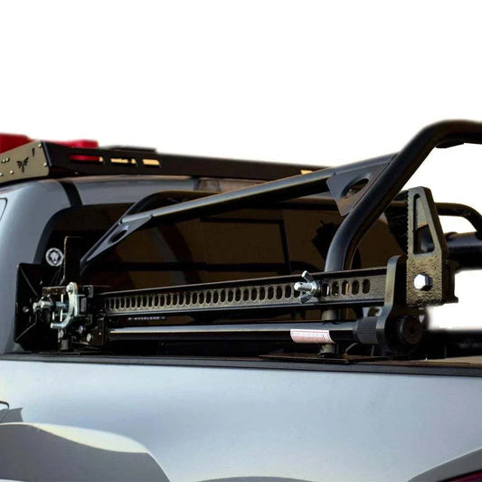 Adjustable Tuff Stuff® Overland Roof Top Tent Truck Bed Rack, powder-coated, on vehicle.