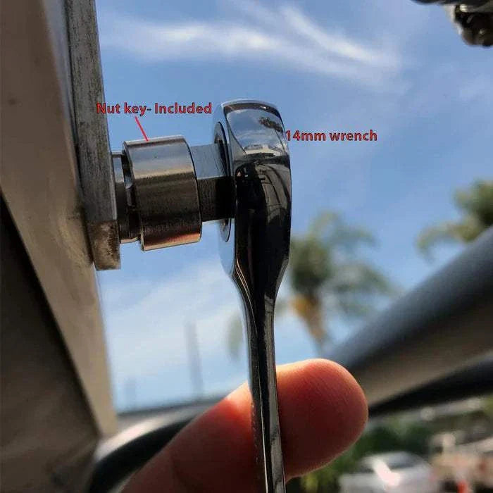 TUFF STUFF® Overland Security Nuts 10mm installed with wrench on rooftop tent.