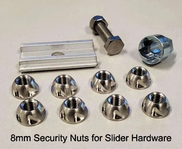 8mm security nuts for T-slot hardware by TUFF STUFF® OVERLAND, durable and weather-resistant.
