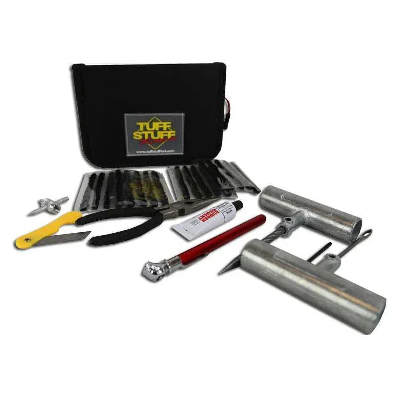 TUFF STUFF® Overland Tire Repair Kit with tools, plugs, patches, and storage case.