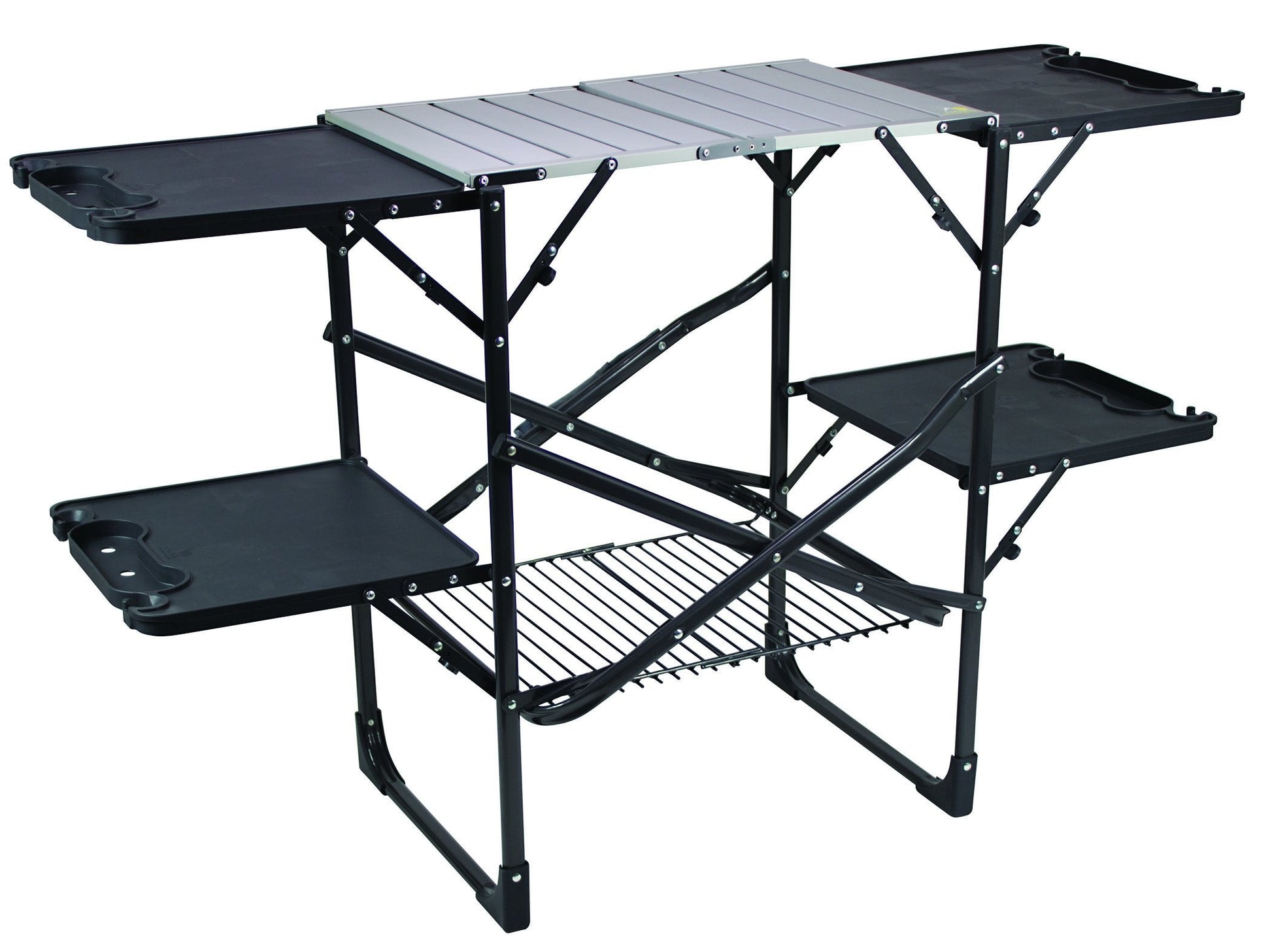 Portable camping kitchen with aluminum countertop, fold-out side tables, and lower storage rack – GCI Outdoor Slim-Fold Cook Station.