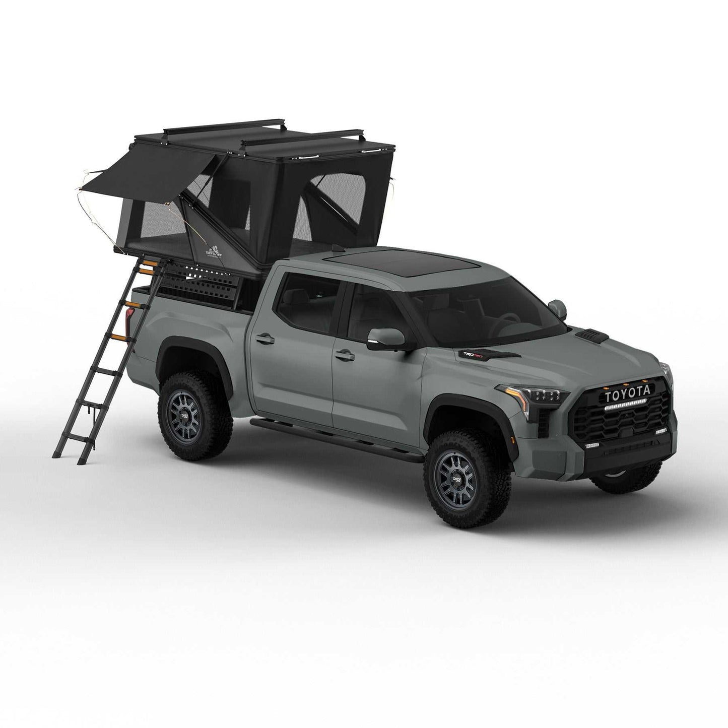 Alpine 61 Hardshell Rooftop Tent on truck, aluminum, 2-3 person, black, dual-action roof, telescoping ladder.