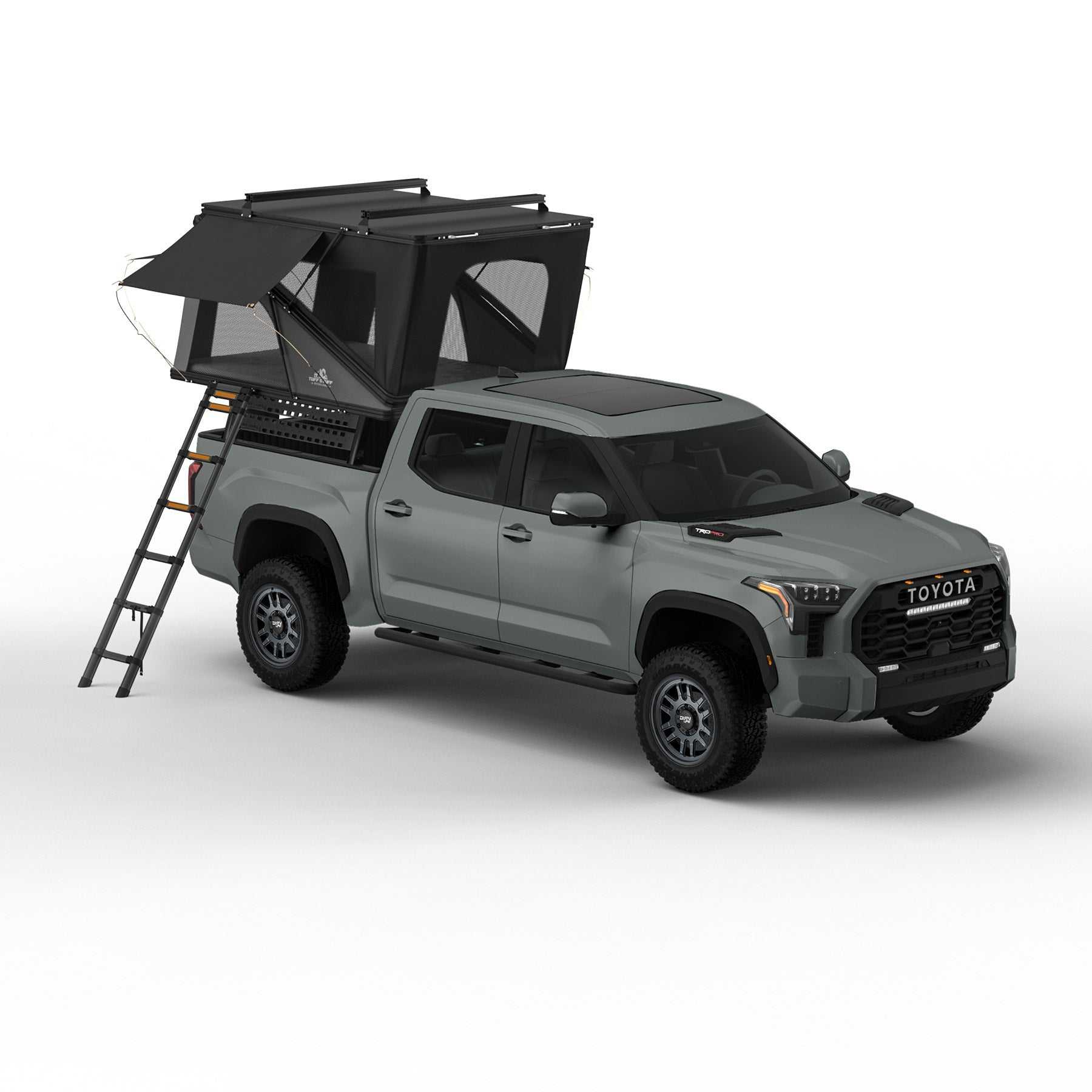 Alpine 61 Hardshell Rooftop Tent on truck, aluminum, 2-3 person, black, dual-action roof, telescoping ladder.