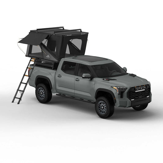Alpine 61 Hardshell Rooftop Tent on truck, aluminum, 2-3 person, black, dual-action roof, telescoping ladder.