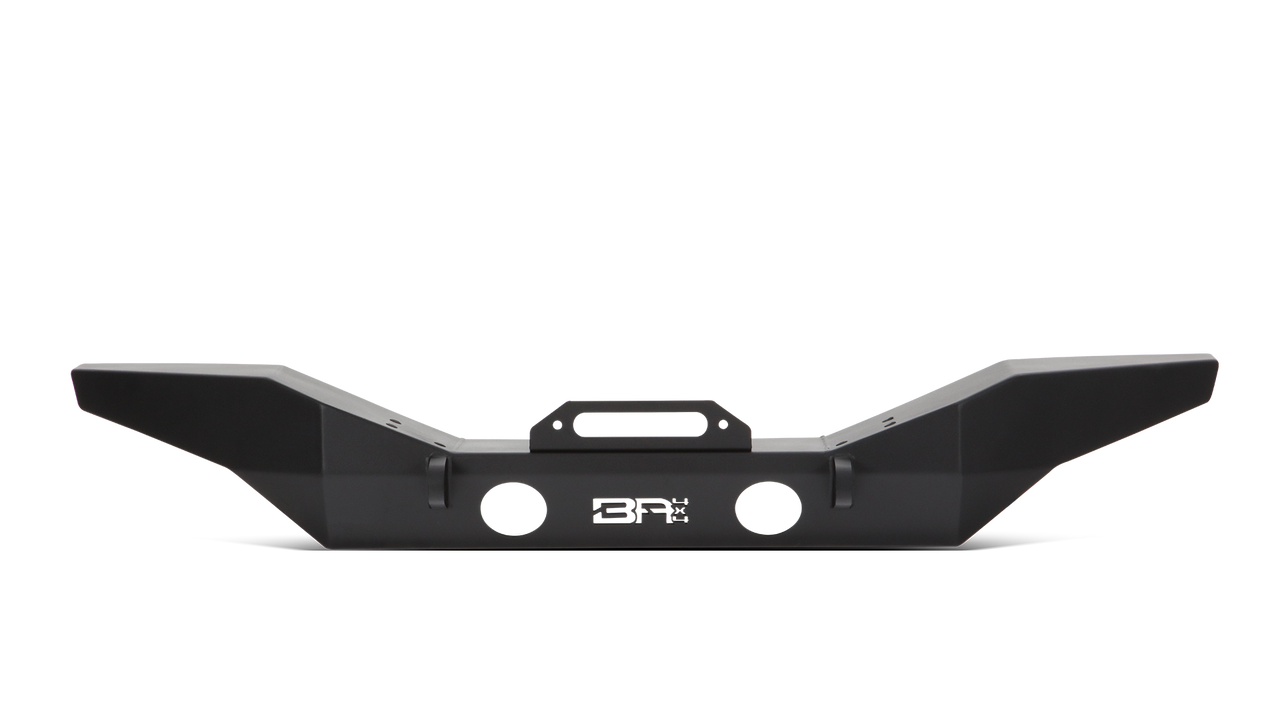 2007-2024 Jeep Wrangler JK/JL & Gladiator JT full-width front bumper, black powder-coated steel with integrated winch mount and D-ring mounts.