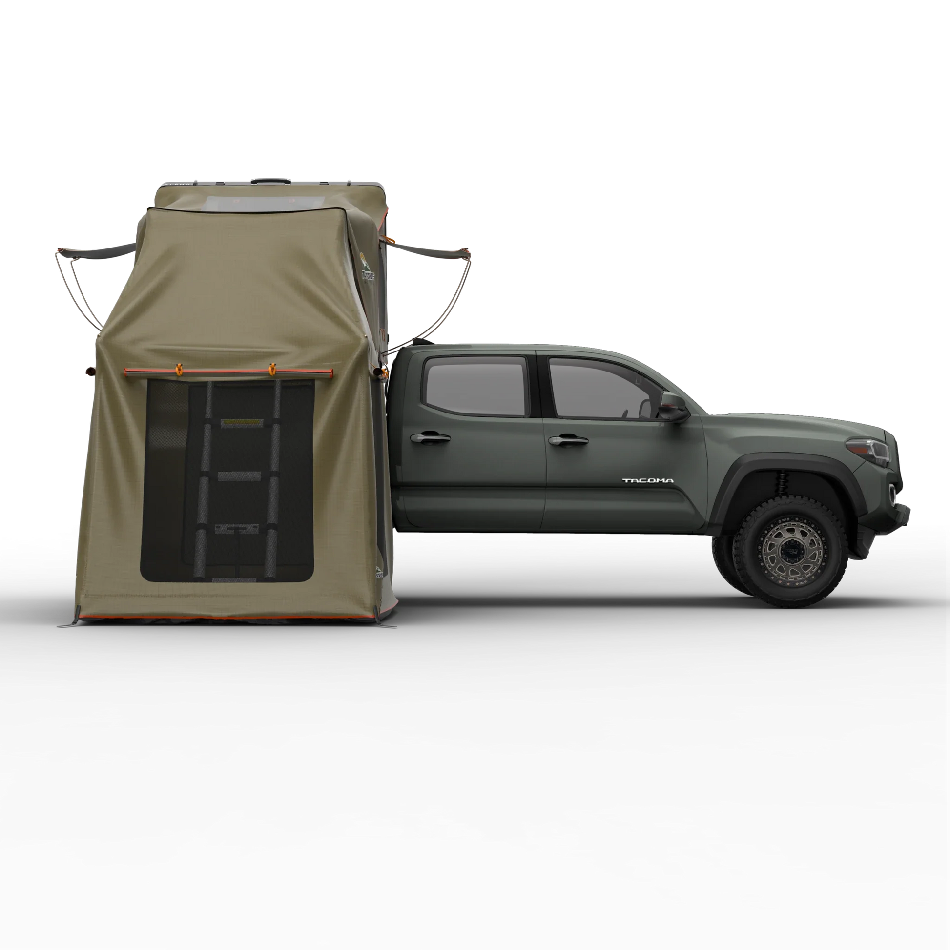 TUFF STUFF® OVERLAND ALPHA™ II clam shell RTT annex room attached to a vehicle, showcasing rugged 600D poly-oxford walls and large mesh-panel windows.