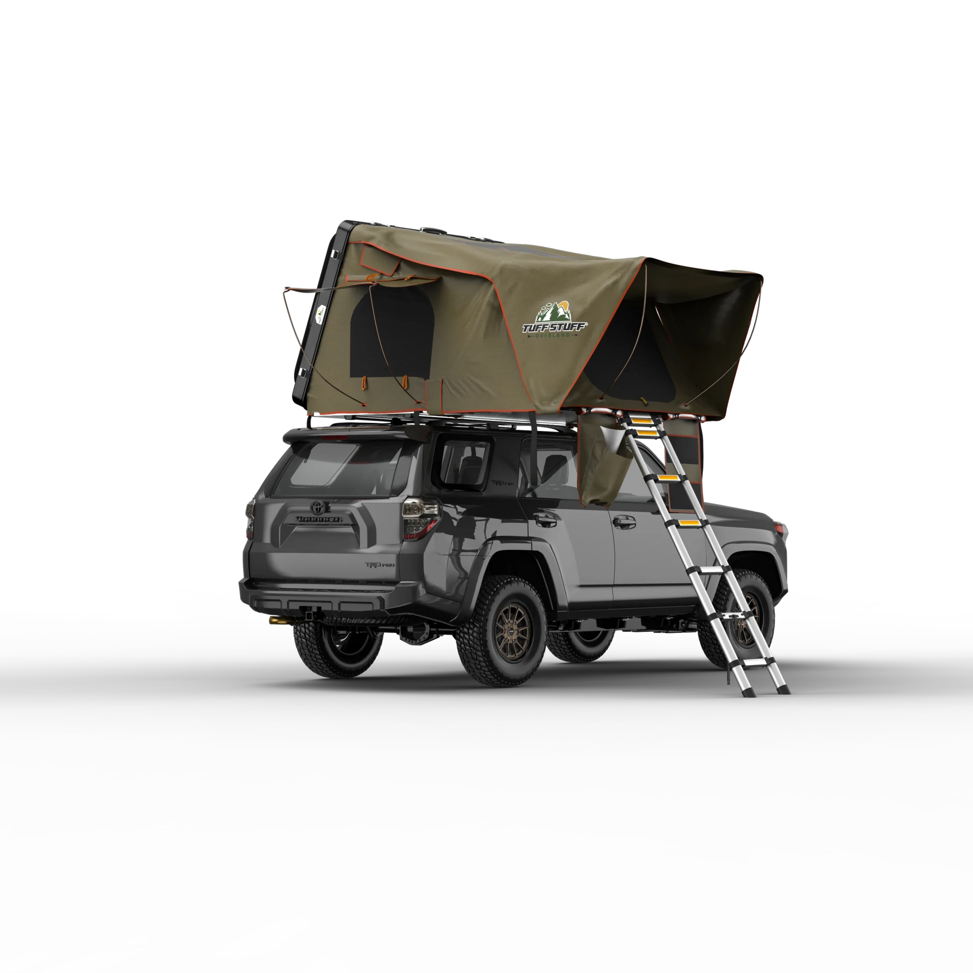 ALPHA™ HARD TOP SIDE OPEN TENT, BLACK, 4 PERSON on SUV with ladder, shoe bag, and window awnings.