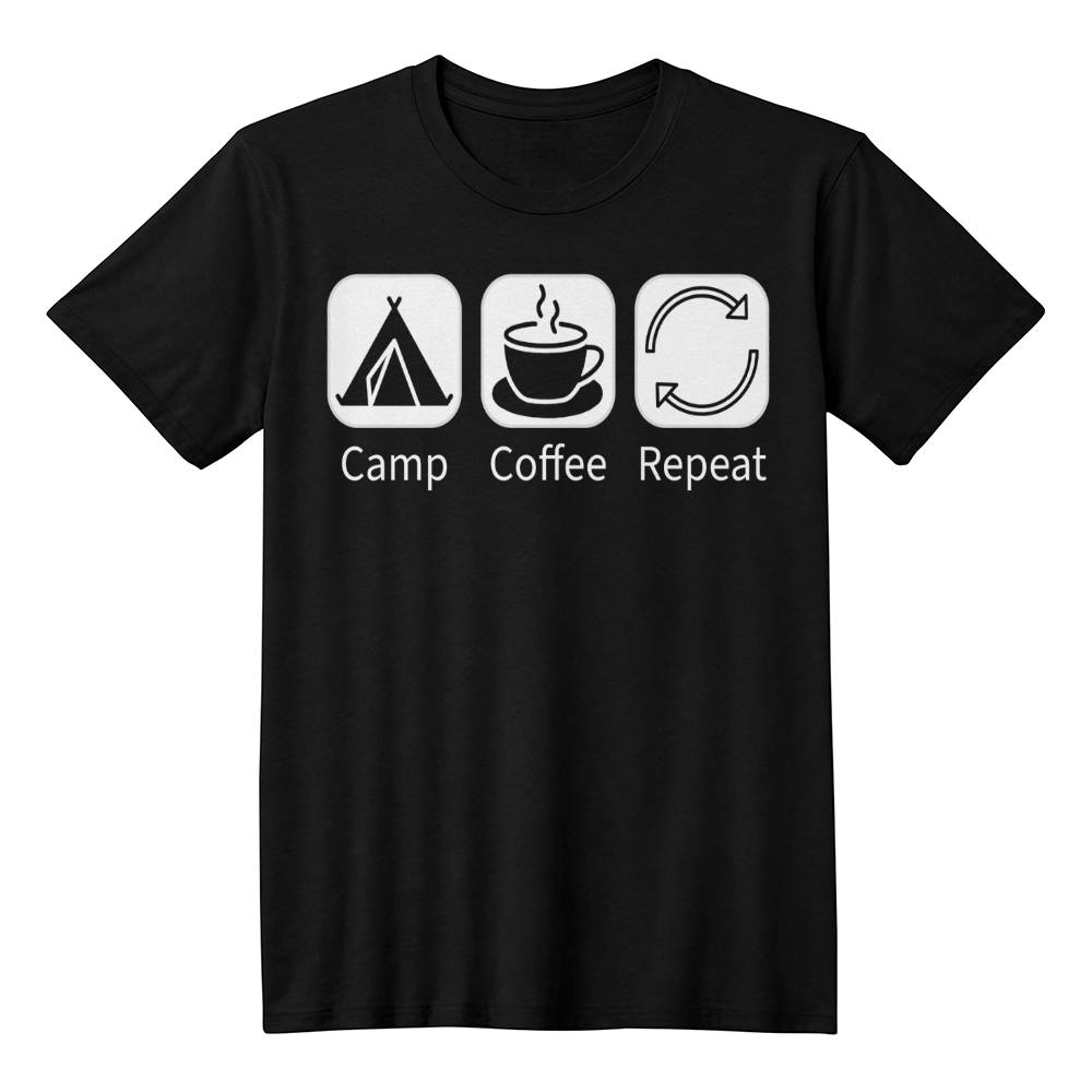 Black t-shirt featuring "Camp Coffee Repeat" graphic with camp, coffee, and repeat symbols, perfect for camping enthusiasts.