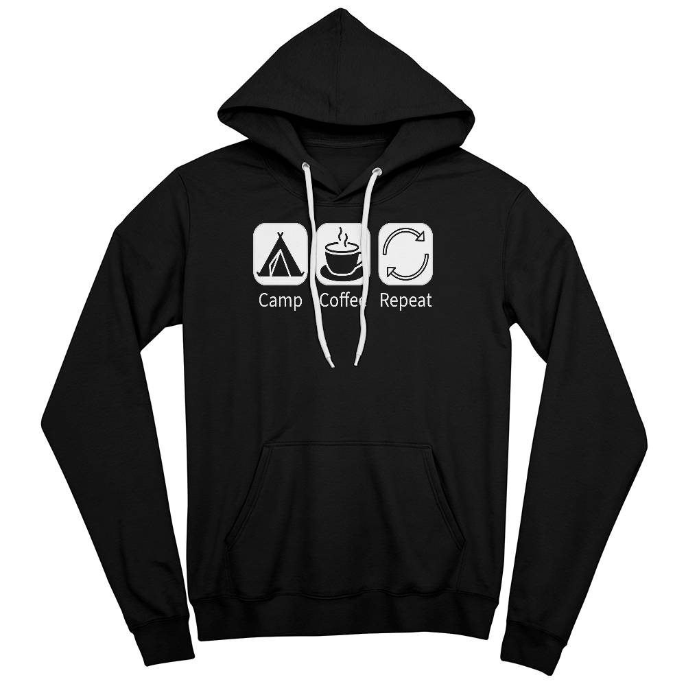 Black "Camp Coffee Repeat" sweatshirt featuring camp-themed graphics, crafted from soft ring-spun cotton and polyester fleece.