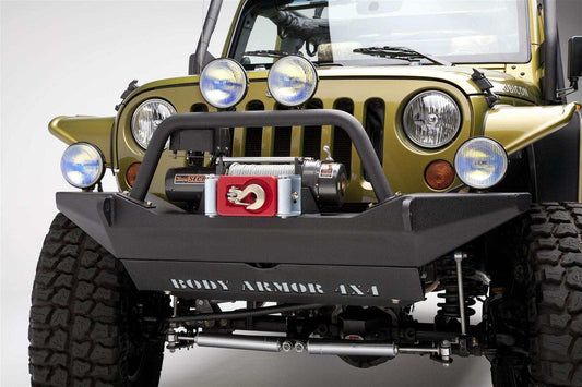 2007-2018 Jeep Wrangler JK full-width front bumper with integrated winch plate and light tabs.