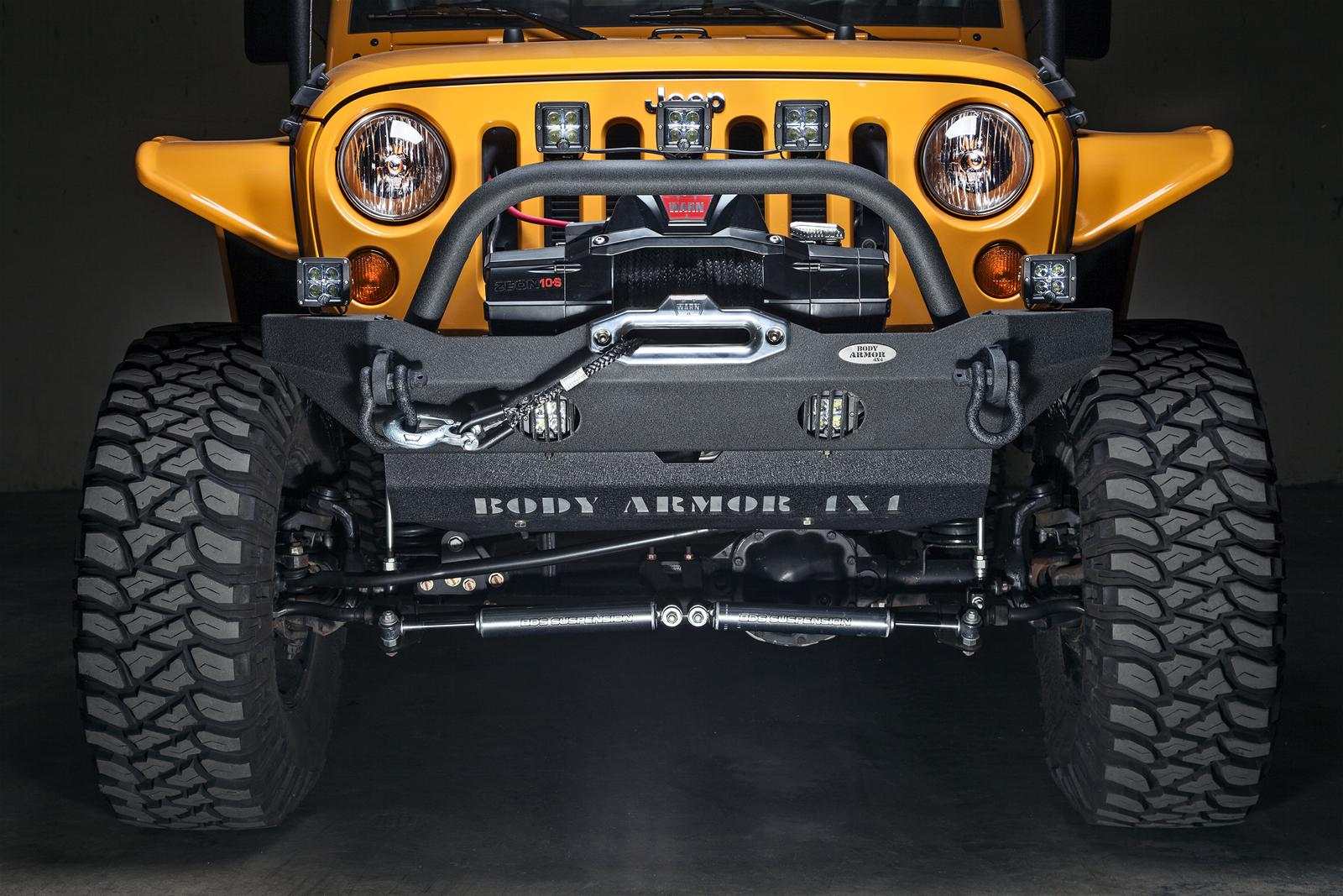 2007-2018 Jeep Wrangler JK mid-stubby front bumper, 3/16" steel, welded D-ring mounts, black powder finish.