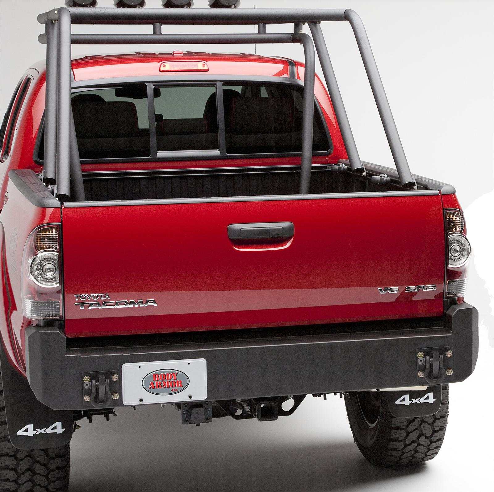 2005-2015 Toyota Tacoma rear bumper, rugged black steel design for off-road durability.
