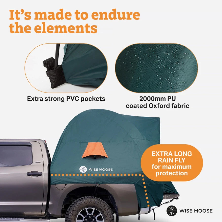 Wise Moose Waterproof Truck Bed Tent on 6.3-6.5 ft truck with durable, weatherproof design.