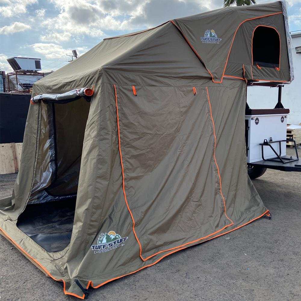 TUFF STUFF® OVERLAND ALPHA™ CLAM SHELL RTT annex room with rugged poly-oxford walls and mesh-panel windows for ventilation.
